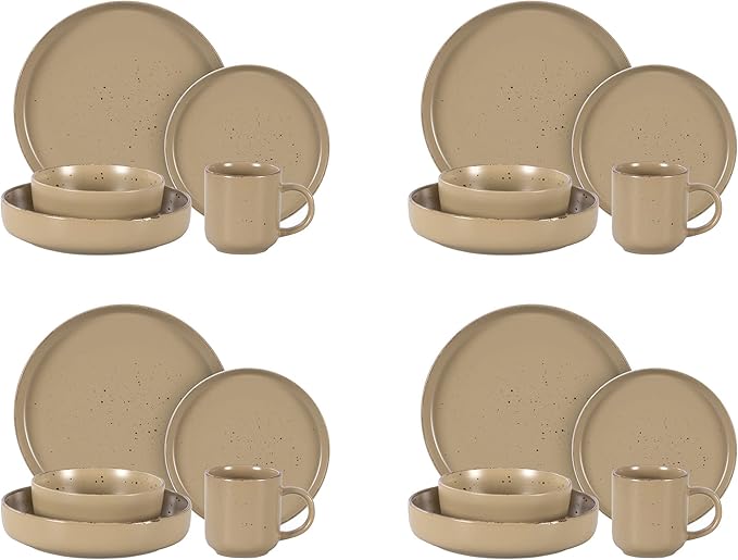 HomeVss, Nordic Shape Rising Rim Stoneware 20pc Dinnerware Set, Matte Beige with Speckle Finished Effect