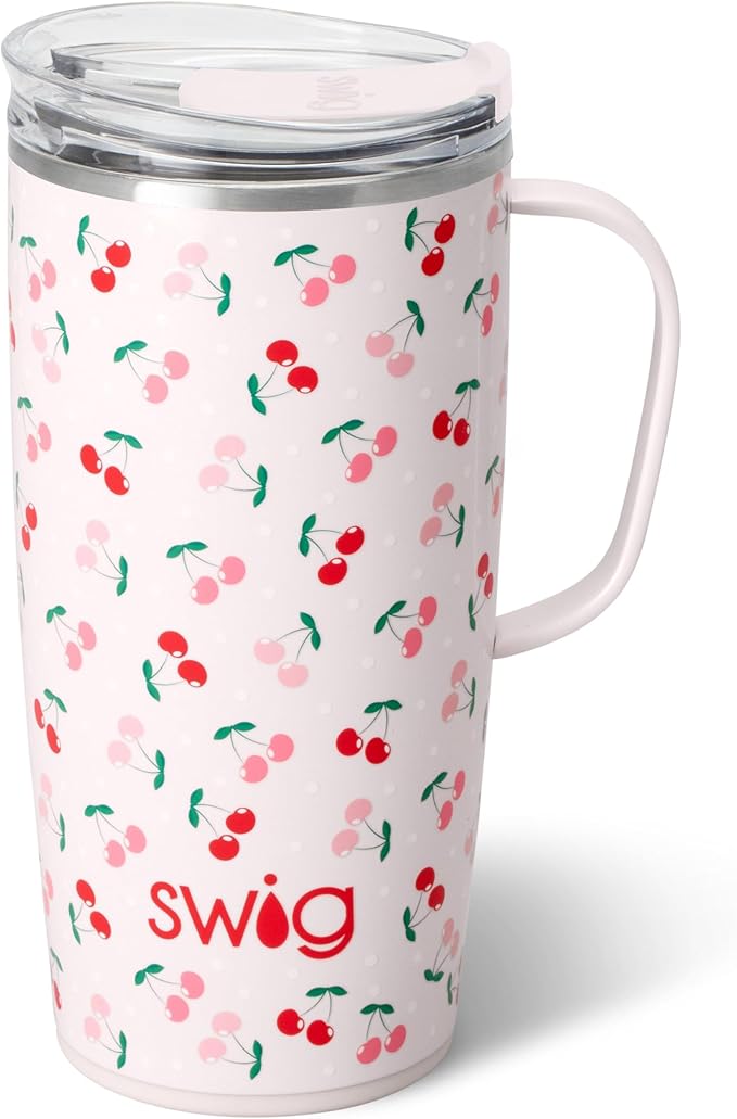 Swig Life 22oz Travel Mug, Insulated Tumbler with Handle and Lid, Cup Holder Friendly, Dishwasher Safe, Stainless Steel, Travel Coffee Cup, Insulated Mug with Lid (Cherry Pie)
