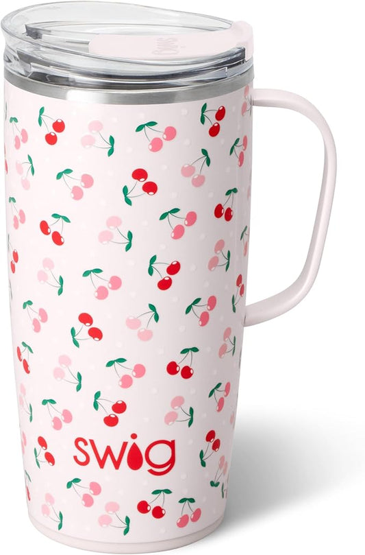 Swig Life 22oz Travel Mug, Insulated Tumbler with Handle and Lid, Cup Holder Friendly, Dishwasher Safe, Stainless Steel, Travel Coffee Cup, Insulated Mug with Lid (Cherry Pie)