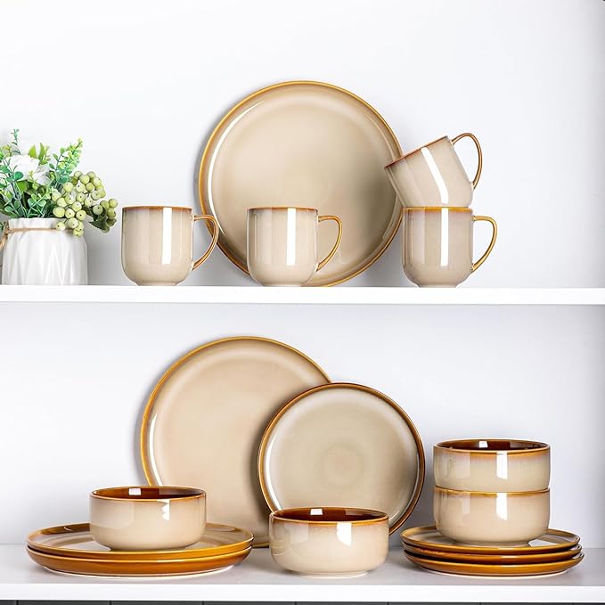 LERATIO Ceramic Dinnerware Sets for 8,Plates and Bowls Sets,Reactive Glaze Dishes Set,Highly Chip and Crack Resistant | Dishwasher & Microwave & Oven Safe Dishes set,Service for 8-Kahki (24pc)