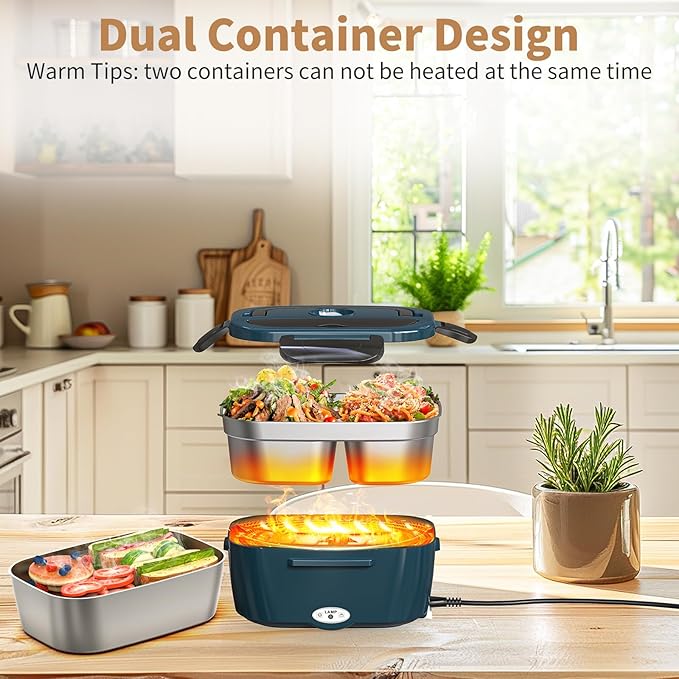Vingud Electric Lunch Box, Heated Lunch Box for Adults with 2 Stainless Steel Container, 1.5L Portable 80W Food Warmer Lunch Boxes for Car/Truck/Work/Home