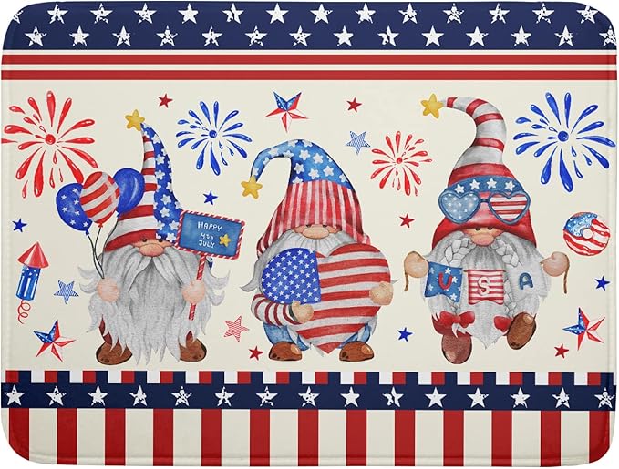 4th of July Drying Mat for Kitchen Counter 18 x 24 in - US Independence Day Patriotic Gnomes Microfiber Large Dish Drainer Mats Protector Pad for Countertop Sinks Dining Table Holiday Decor