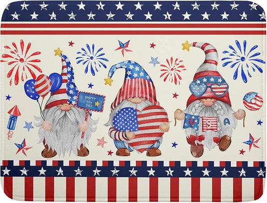 4th of July Drying Mat for Kitchen Counter 18 x 24 in - US Independence Day Patriotic Gnomes Microfiber Large Dish Drainer Mats Protector Pad for Countertop Sinks Dining Table Holiday Decor
