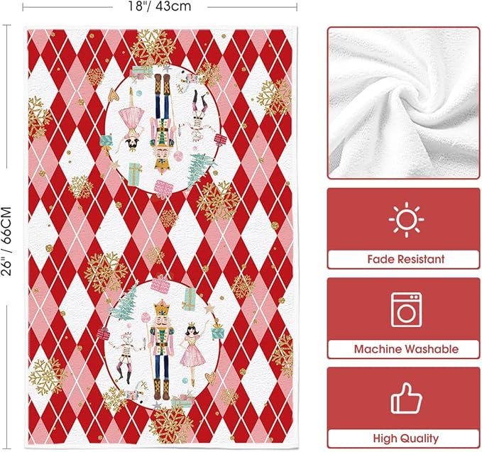 Artoid Mode Red Nutcrackers Tree Christmas Kitchen Towels Dish Towels, 18x26 Inch Gift Box Snowflake Winter Decoration Hand Towels Set of 2