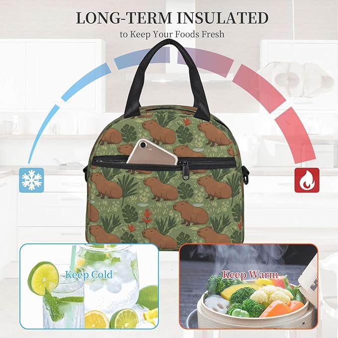 Capybara Reusable Insulated Lunch Box Waterproof Lunch Bag with Detachable and Adjustable Shoulder Strap for Office Picnic or Travel