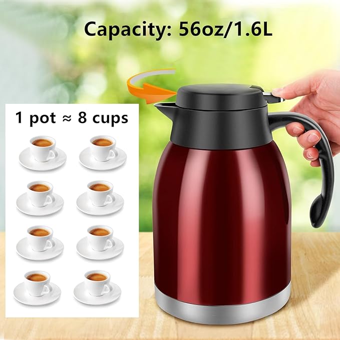 54oz Thermal Coffee Carafe, Stainless Steel Insulated Thermal, Double Wall Vacuum Flask, Small Coffee Carafe for Keeping Hot or Cold Drinks, Coffee, Tea (Bright Red)