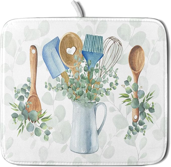 Sage Green Dish Drying Mat for Kitchen Counter, Cooking Supplies Reversible Dish Drainer Rack Pad Fast Dry Kitchen Accessories 16x18 Inch