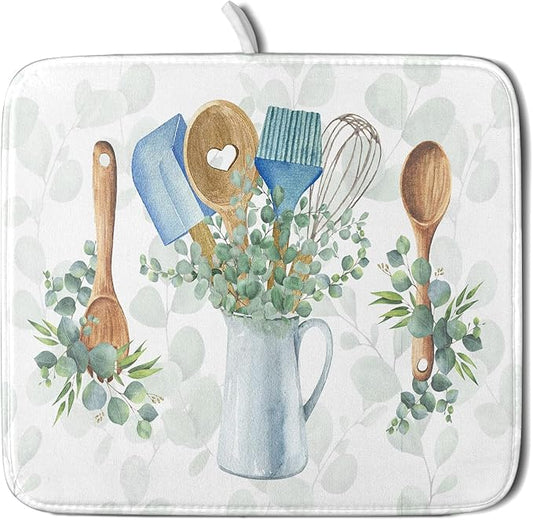 Sage Green Dish Drying Mat for Kitchen Counter, Cooking Supplies Reversible Dish Drainer Rack Pad Fast Dry Kitchen Accessories 16x18 Inch