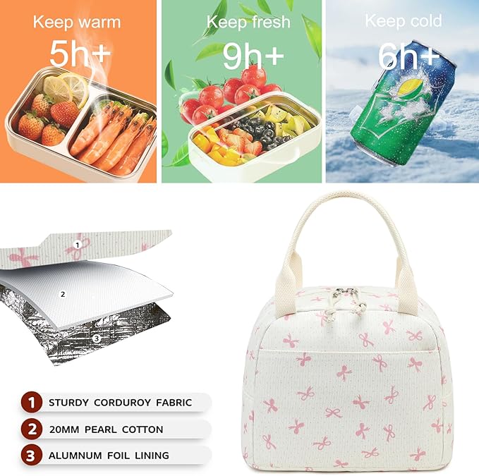 Bluboon Lunch Bag for Women Men Cute Corduroy Lunch Tote Bags Reusable Insulated Lunch Box Large Capacity Reusable Insulated Cooler for Work Picnic or Travel