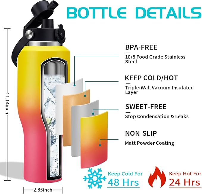 40 oz Insulated Water Bottle - Cold 48H & Hot 24H, Leak-Proof Metal Tumbler with Carrier Bag, Protective Boot, BPA Free Vacuum Hydro Travel Thermal Cup Flask for Women Mom Girfriend Gift