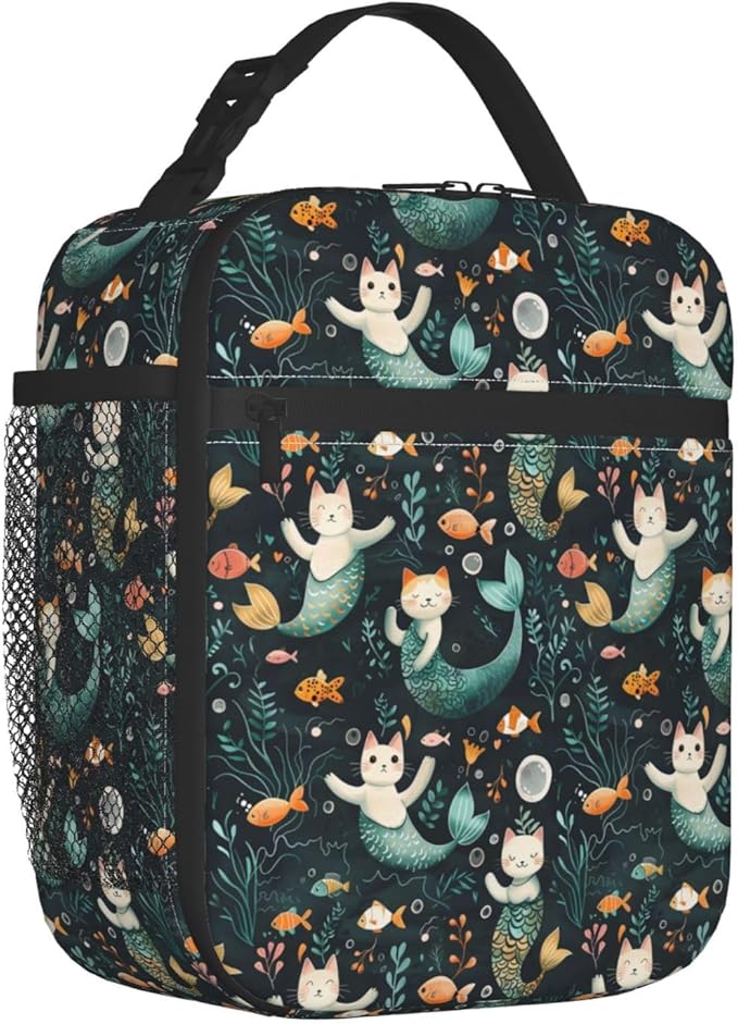 Reusable Mermaid Cat Lunch Box for Kids Girls Boys Women Adult, Insulated Cute Lunch Bag,Polyester Cooler Underwater Handbags Case for School Picnic Work Travel Beach or Hiking (Dark)