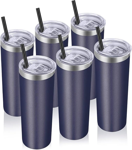 VEGOND Stainless Steel Tumblers Bulk 6 Pack, 20 oz Vacuum Insulated Skinny Tumblers with Lid and Straw, Double Wall Coffee Mug, Travel Water Cup, Navy Blue