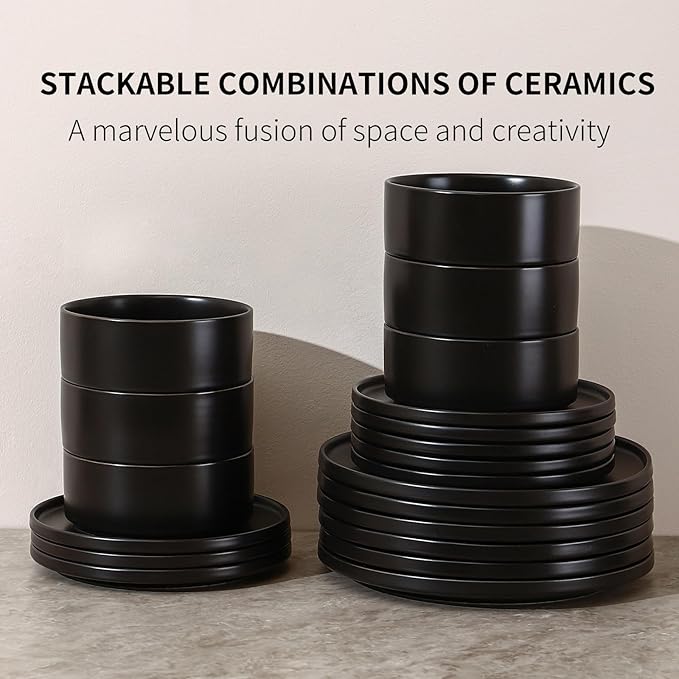 GZG Classic Series - Plates and Bowls Set for 8, 24 Piece Stoneware Dinnerware Sets, Microwave and Dishwasher Safe Lead-Free Handcrafted Ceramic Dishes Set - Matte Black