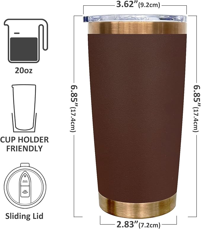 20 oz Tumbler Stainless Steel Tumbler with Lid and Straw, Double Wall Vacuum Insulated Travel Coffee Mug for Laser Engrave, Powder Coated Cup for Hot and Cold Drinks (Brown,1 pack)