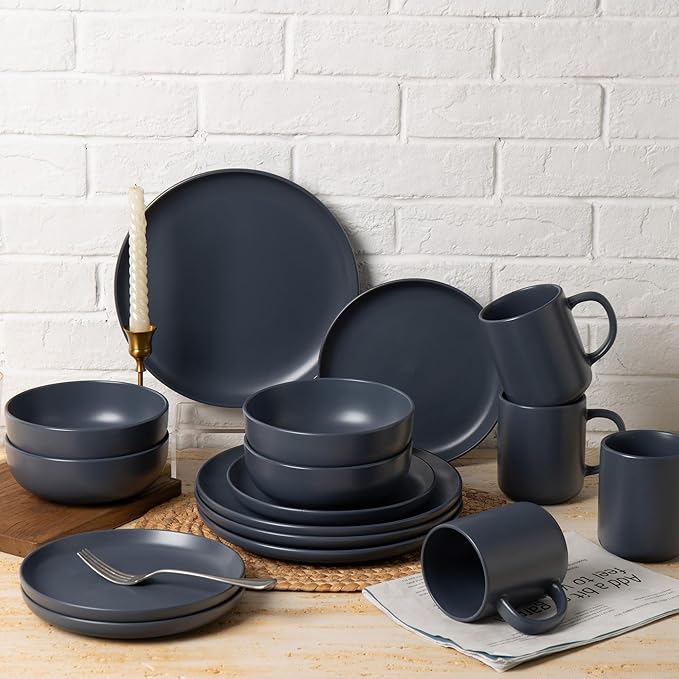 12-Piece Matte Blue Dinnerware Set,Stoneware Dinnerware for 4, Microwave & Dishwasher Safe, Stackable Design for Kitchen and Dining - Plates and Bowls