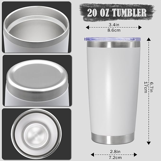 20 oz Tumbler Coffee Tavel Tumblers Bulk with Lid Stainless Steel Double Wall Vacuum Insulated Mug Powder Coated Cups fit Car Cupholder for Hot and Cold - White, 12Pack