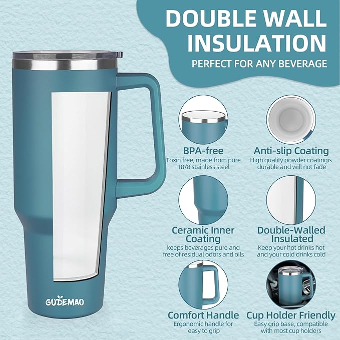 40 oz Insulated Coffee Mug with Ceramic Coating, Stainless Steel Travel Coffee Tumbler with Handle Lid and Straw, Double Wall Leak-Proof Coffee Travel Mug Keeps Drink Hot and Cold (Lake Green)