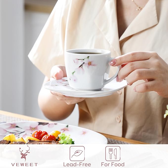 VEWEET Annie Porcelain Dinnerware for 6, 30-Piece Pink Floral Dish Set With Plates and Bowls Including Dinner, Dessert, Soup, Cups & Saucers