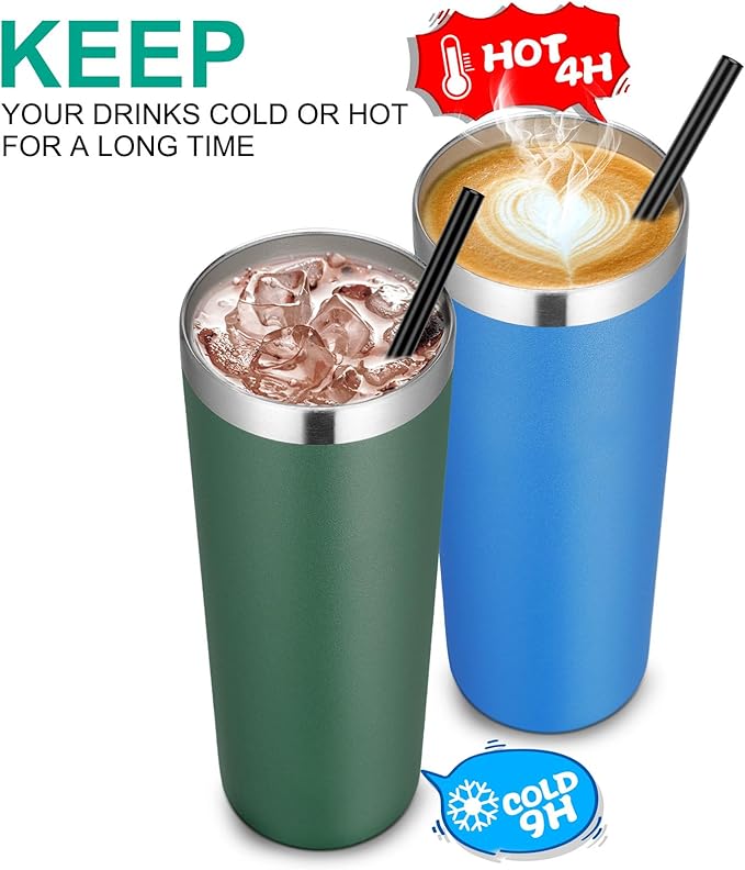 VEGOND Stainless Steel Tumblers Bulk 6 Pack, 20 oz Vacuum Insulated Skinny Tumblers with Lid and Straw, Double Wall Coffee Mug, Travel Water Cup, Dark Green
