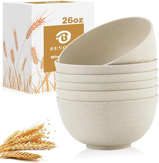 Wheat Straw Bowl, 26 OZ Cereal Bowls Set of 6, Unbreakable Plastic Bowls Reusable, Dishwasher and Microwave Safe Bowls for Kitchen, Camping, Serving Bowl for Soup, Cereal, Salad (Beige)