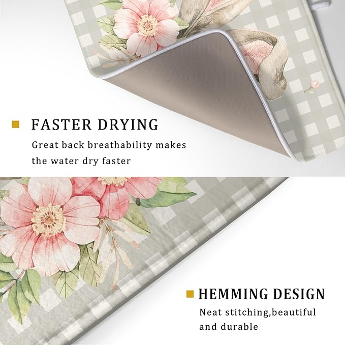 Spring Easter Dish Drying Mats for Kitchen Counter 18×24 Inch Cute Bunny Flowers Large Microfiber Drying Mat Kitchen Accessories Dish Rack Mat Drainer Pad Washable Absorbent