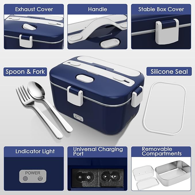100W Electric Lunch Box Food Heated 12V 24V 110V Fast Food Warmer Heater for Car/Truck/Home Portable Food Heating Boxes with 1.8L 304 SS Container 0.45L Compartment(Royal Blue+White)