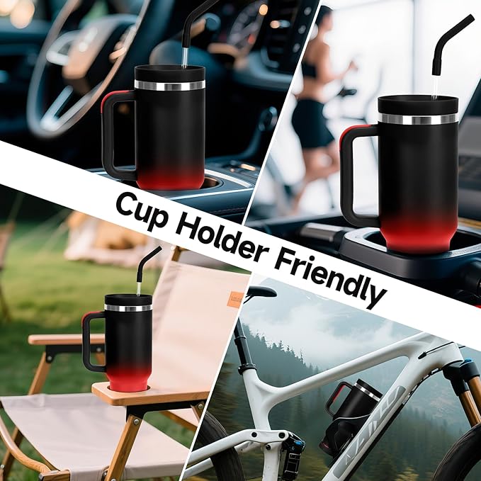 40oz Tumbler with Handle and Straw Spout 2-in-1 Lid, Spill Leak Proof Insulated Travel Cup Traveler Water Mug Keep Cold Hot, Dishwasher Safe Stainless Steel Bottle Gifts for Women Men, Black Red