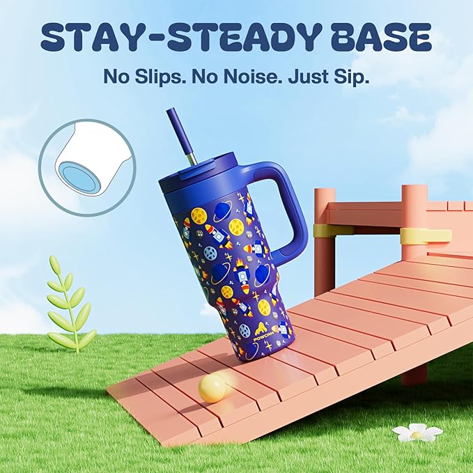24 oz Stainless Steel Tumbler for Children: Durable Handle, Easy to Clean, Straw Gulp Lid, Car Cup Holder Friendly, Insulated Cup for Sport, Hiking, Carry, Adventures, Bag, Classroom (Space Rocket)