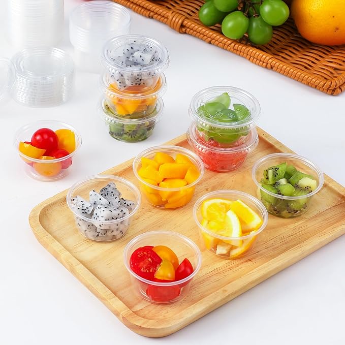 AOZITA 400 Set 2 oz Jello Shot Cups with Lids, Stackable Food Safe Disposable Plastic Portion Condiment Dipping Sauce Cups, Small Containers for Salad Dressing