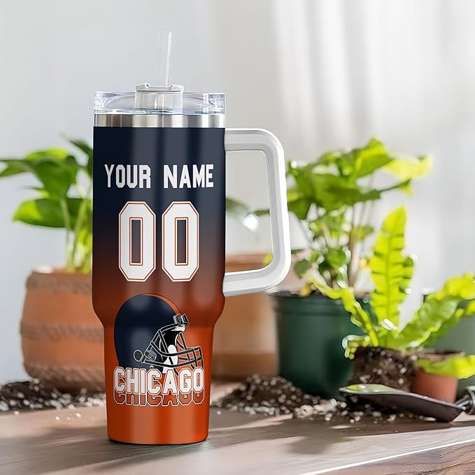 Personalized 40oz Football Stainless Steel Tumbler with Handle & Straw, Custom Insulated Travel Mug, Add Name & Number Cup, Coffee Gift for Sports Fans (Chicago-01)