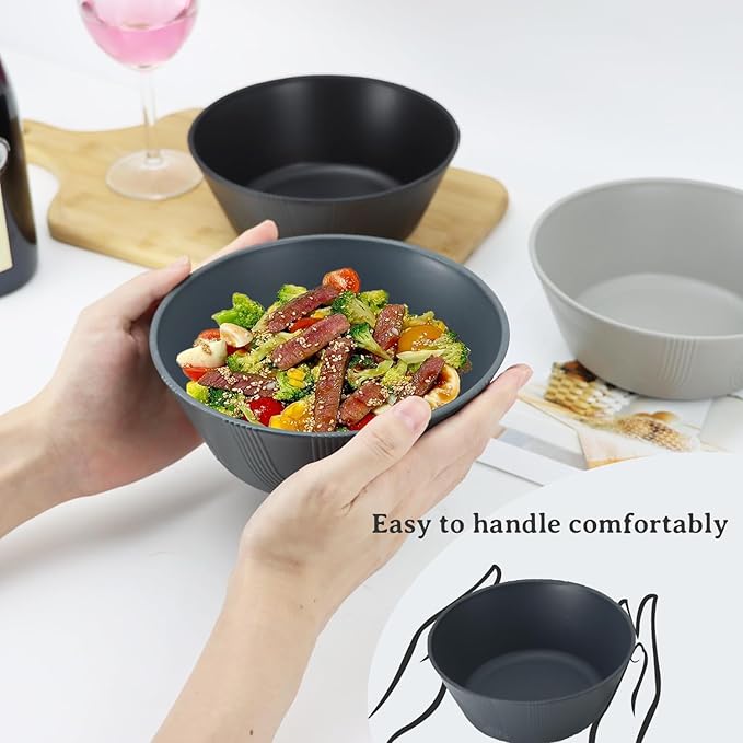 PYRMONT 36 OZ Cereal Bowls - Wheat Straw Sets of 8 Reusable Unbreakable Plastic for Soup, Salad, Rice, Noodles - Microwave & Dishwasher Safe - Black to Grey