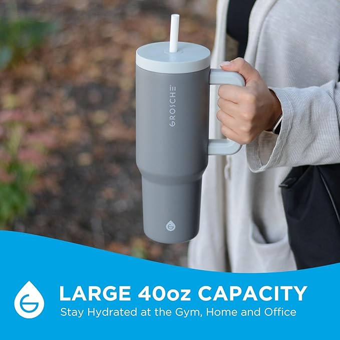 GROSCHE ASPEN 40 oz tumbler with handle and straw. Extreme insulation, classy design, built to last insulated stainless steel tumbler with handle, lid and straw - Steel Grey