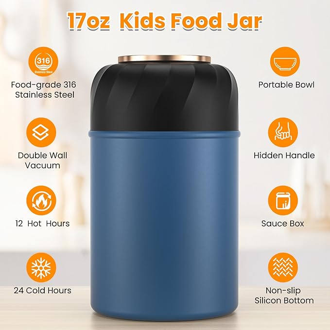 Bento Lunch Box Set for Kids with 17oz Soup Thermo, Lunch Box with Folding Fork & Spoon, Leakproof Lunch Food Containers with 4 Compartment for School, Office, Travel and Park Pinic