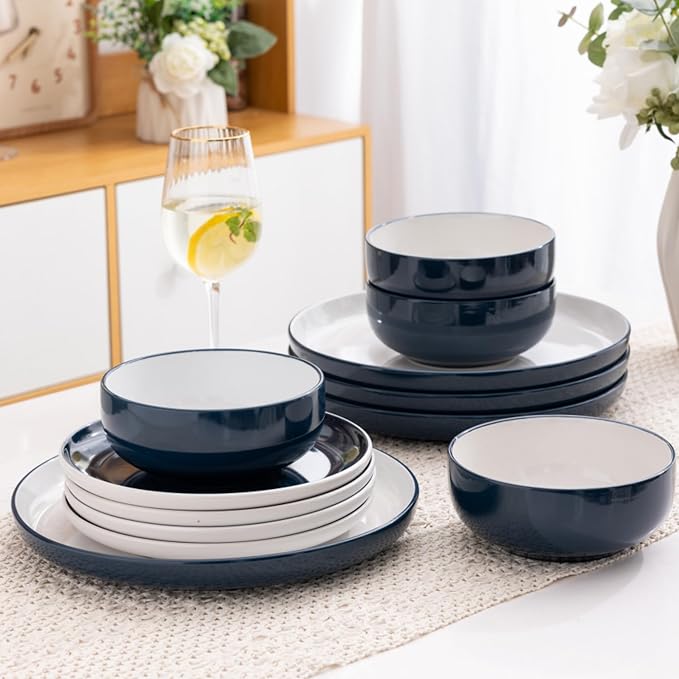 GBHOME 12 Pieces Ceramic Dinnerware Set, Modern White Dish Set for 4，Scratch Resistant Smooth Plates and Bowls Sets，Oven Safe，Microwave & Dishwasher