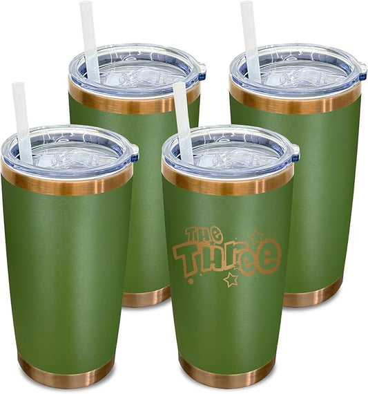 20 oz Tumbler Bulk 4 Pack Stainless Steel Tumblers with Lids and Straws, Double Wall Vacuum Insulated Travel Coffee Mug for Laser Engrave, Powder Coated Cups Hot and Cold Drinks (Army Green,4 pack)