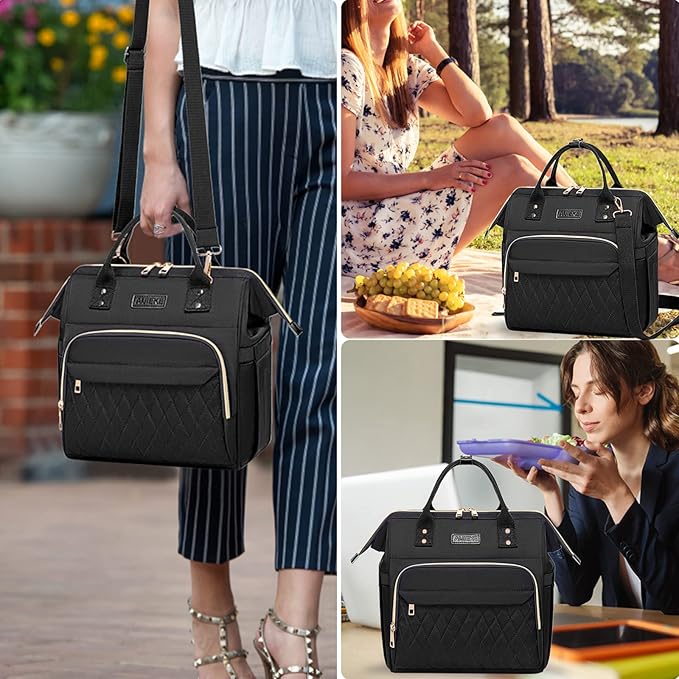 AIJIEKE Lunch Bag for Women, Large Lunch Box for Work Insulated Lunch Bag, Adult Leak Proof Lunch Tote Cooler Bag with Side Pockets & Adjustable Strap, Lunch Purse for Picnic Beach, Black