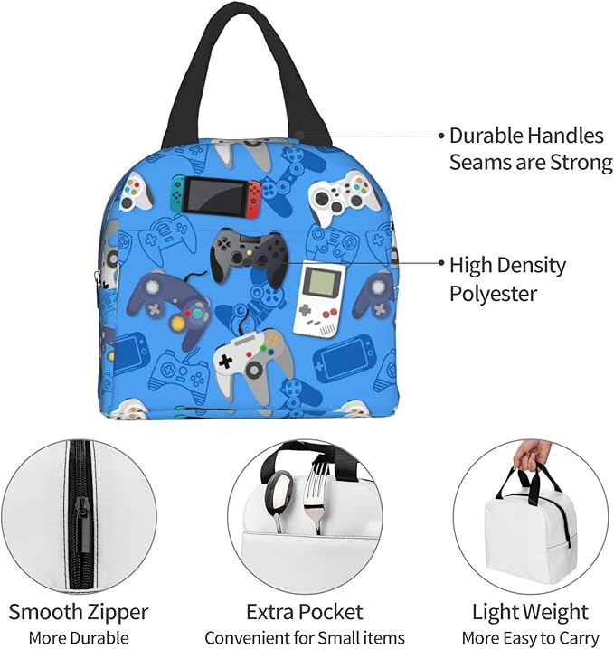 Video Game Portable Lunch Tote Bag Reusable Lunch Box for Men and Women Perfect for Camping/Hiking/Picnic/Beach/Travel