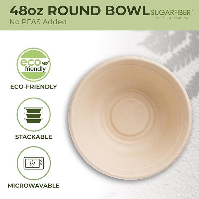 [500 COUNT]Harvest Pack PFAS FREE 48oz Round Paper Bowls with Dome Lids - Compostable Heavy-Duty Eco-Friendly Disposable Bagasse Large Bowls Sugarcane made plant fibers for Meal Prep Soup