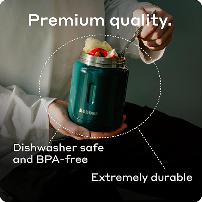 BOBBER 24 oz Insulated Stainless Steel Thermos for Hot Food, Extra-Wide Mouth Soup Container with Spoon and Bowl - Keeps Rice and Pasta Hot for 14 Hours and Salads Cold for 20 Hours (Green)