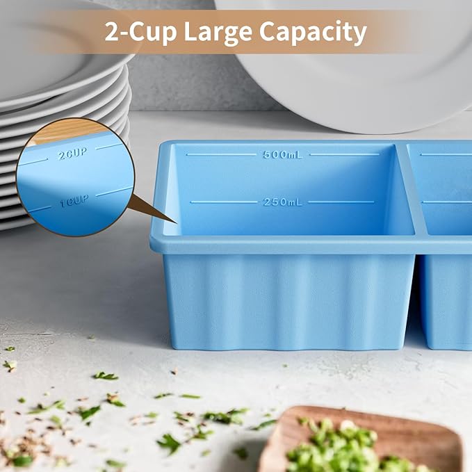 Silicone Freezer Tray for Soup Ice Cubes: 2-Cup Freezing Tray with Lid for Meal Prep - 2Pack Silicon Soup Portion Freeze Trays Make Stock Souped Ice Cube
