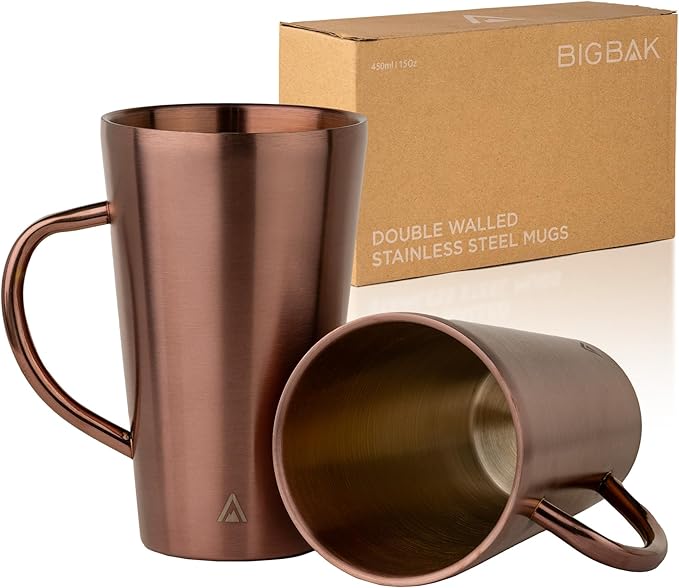 BigBak Stainless Steel Coffee Mugs with Handle – Set of 2, 12 oz Rose Gold – Insulated Metal Cups, Double Wall, BPA-Free, Unbreakable, Dishwasher Safe