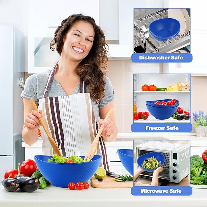 Wrova Large Wheat Straw Bowls,Big Salad Bowls set of 2,Unbreakable Serving Bowls Microwave & Dishwasher Safe, Alternative for Plastic Bowl Sets for Kitchen.Blue