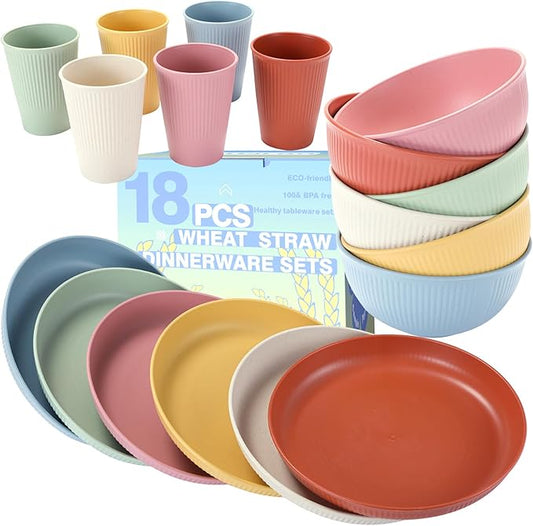 18PCS Wheat Straw Dinnerware Sets Unbreakable Reusable Dinnerware Set for 6, Microwave Dishwasher Safe Dinnerware Dinner Outdoor Camping Dishes