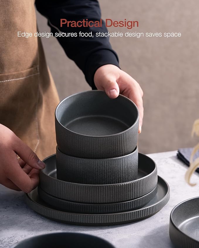 Famiware Star Dinnerware Sets, Plates and Bowls Set for 4, 12 Pieces Ribbed Dishes - Chip and Scratch Resistant, Microwave and Dishwasher Safe Tableware, Matte Dark Charcoal