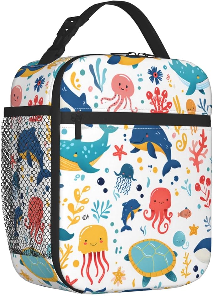 Sea Animal Lunch Box for Kids,Whale Octopus Turtle Insulated Bag for Student,Colorful Marine Life Reusable Thermal Insulation Cooler Tote Bags for School Work Picnic Camping Outdoor Gifts