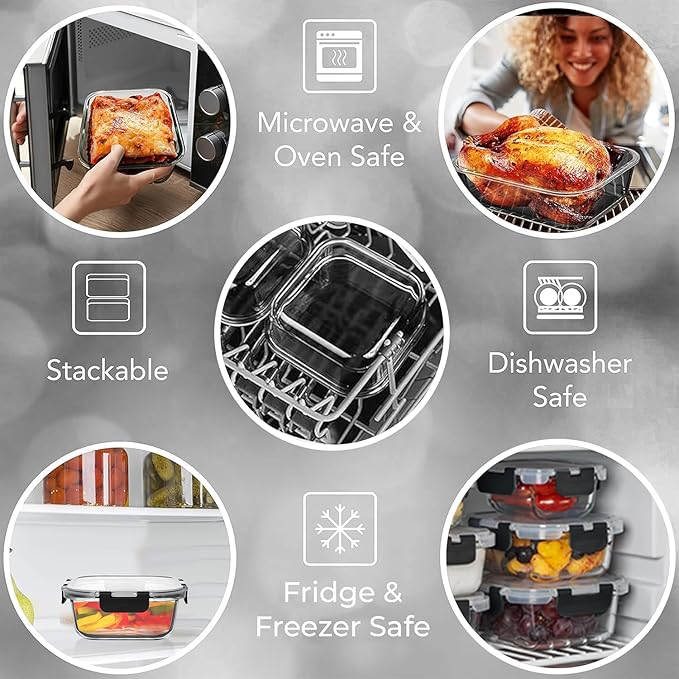 Razab 2 PC 1200ML / 42 Oz Glass Food Storage Containers with Lids - Airtight & Leakproof - Microwave/Oven/Freezer Safe - BPA Free - Ideal for Meal Prep, Storing Leftover & Lunch