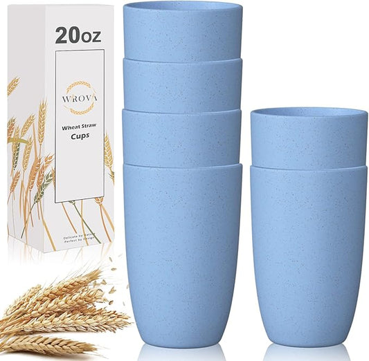 Wrova Wheat Straw Cups 6 PCS Good Alternative to Plastic Reusable Cups 20 oz Unbreakable Drinking Cup Reusable Dishwasher Safe Water Plastic Glasses Sky Blue