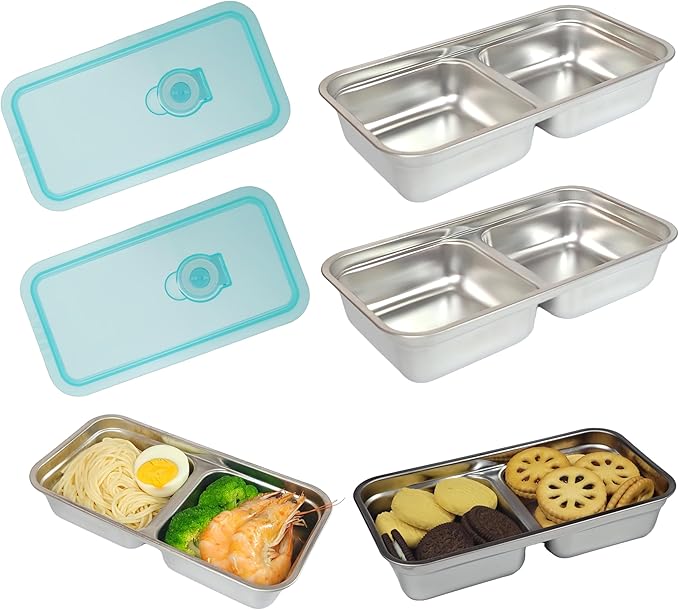 Stainless Steel Snack Containers,2 Compartment Reusable Snack Containers with Lids,Snack Box,Stainless steel lunch containers for Travel,Office,Outdoor Camping,Daily Use (2PCS)