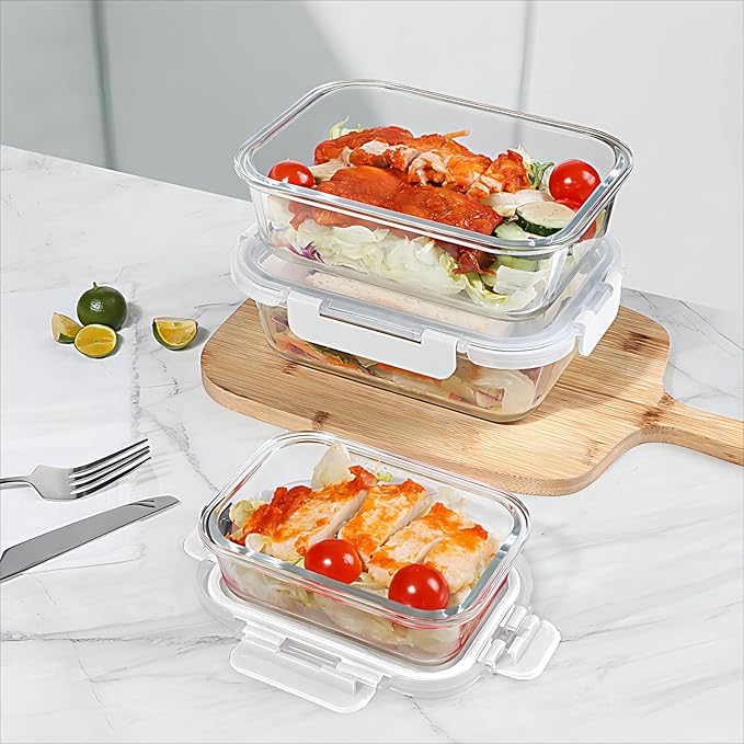 BAYZZ 10 Pack Glass Meal Prep Containers, Glass Food Storage Containers with Lids, Airtight Lunch Box, Freezer,Oven,Microwave and Dishwasher Safe,White