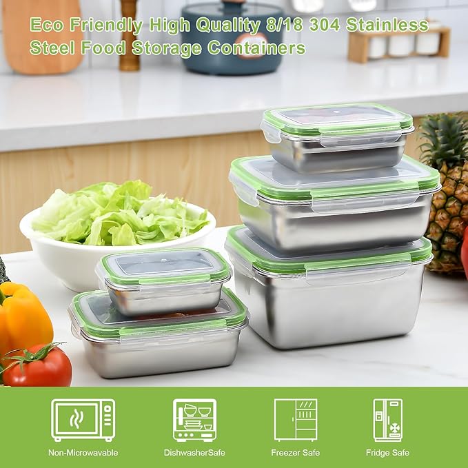 UPTRUST Stainless Steel Food Storage Containers | Leak Proof & Airtight Lids | Set of 5 Containers, Dishwasher & Freezer Safe, Green